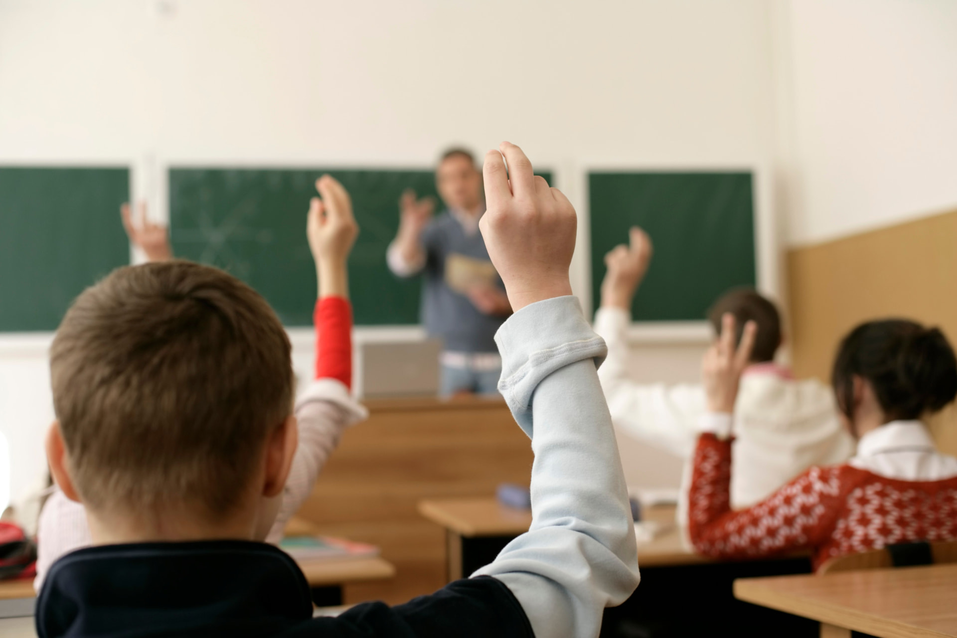 Students raising their hands in a District 65 classroom