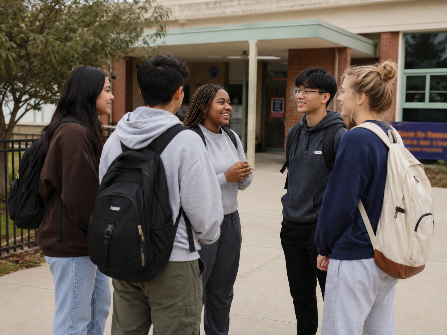 Northwestern students talking together outside a District 65 school building